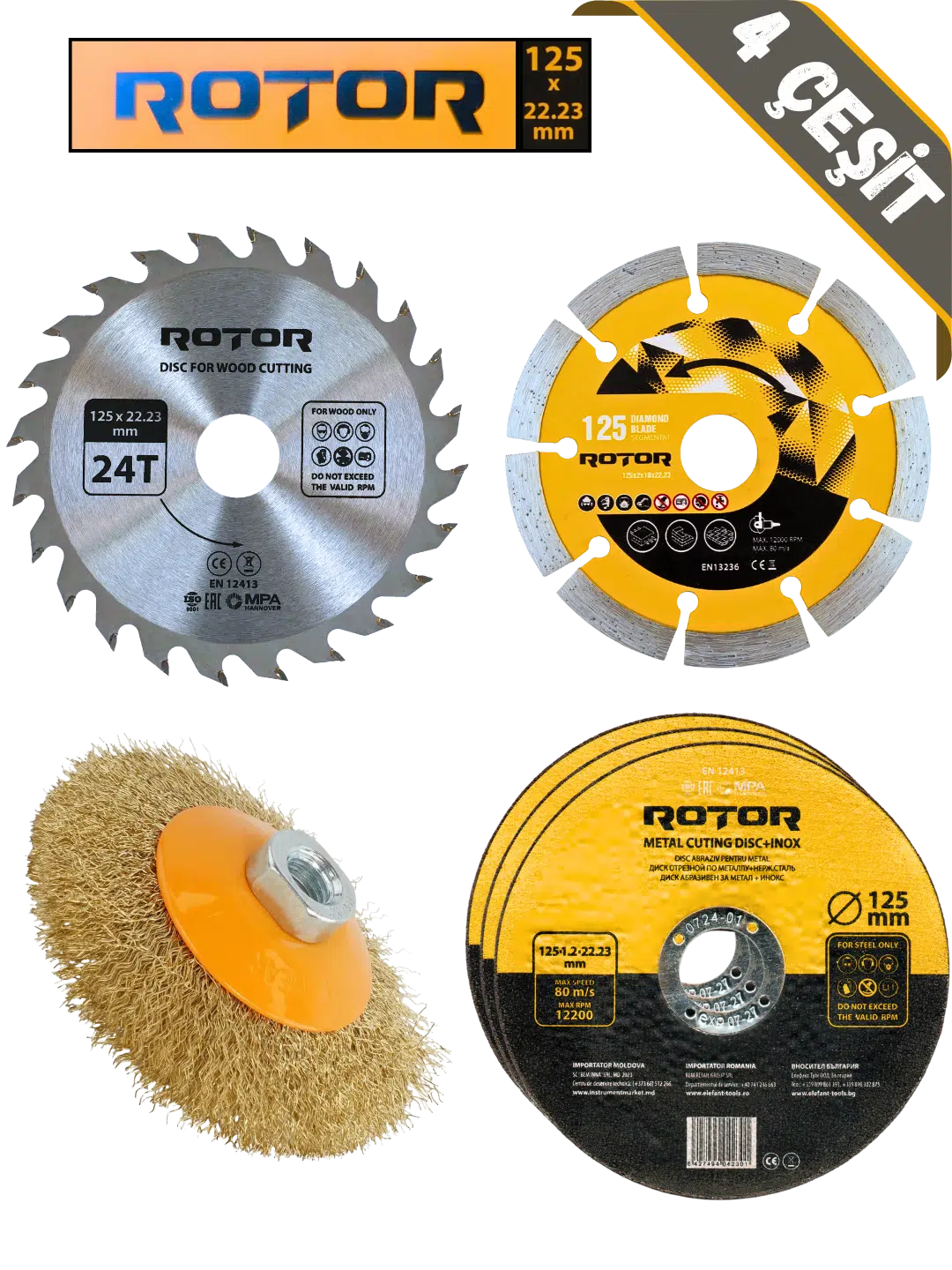 6'lı Disk seti 125x22,23 Metal+Seramik+Ahşap 6 parça