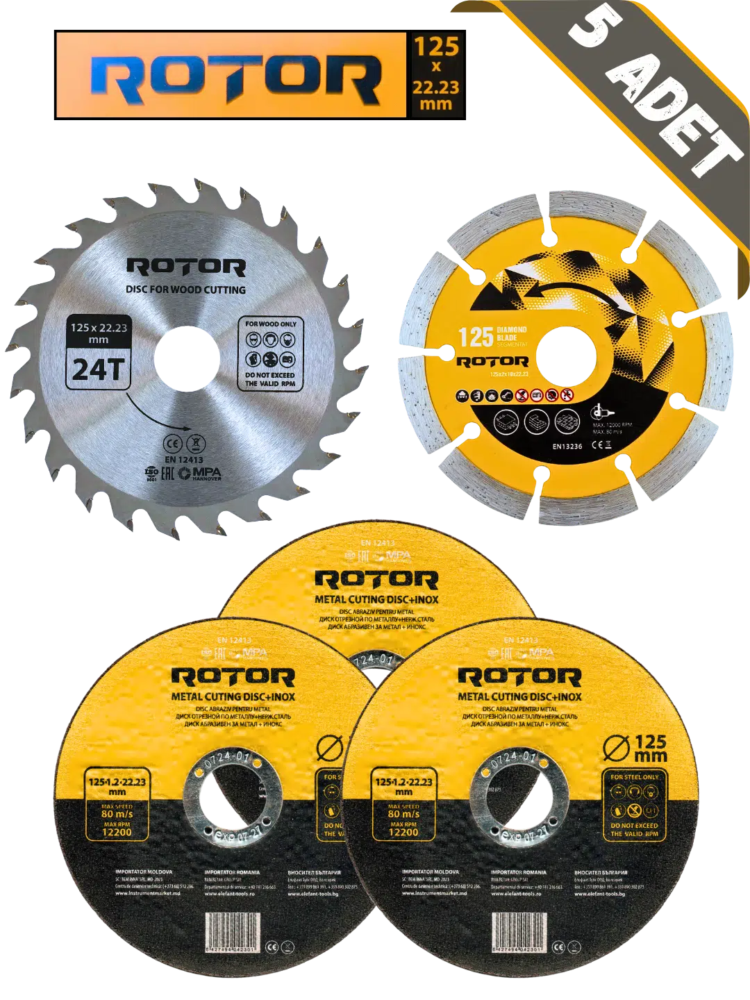 5li Disk seti 125x22,23 Metal+Seramik+Ahşap 5 parça