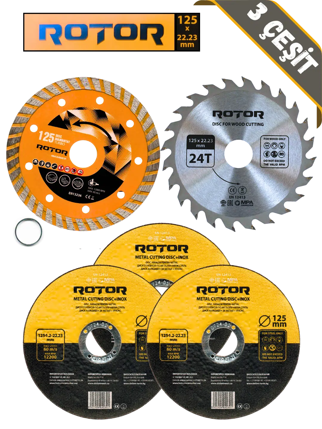 5'lı Disk seti 125x22,23 Metal+Seramik+Ahşap 5 parça