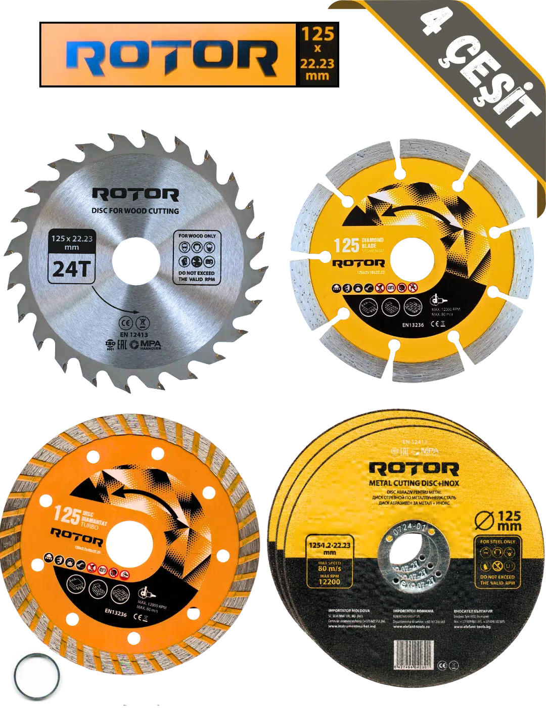 6'lı Disk seti 125x22,23 Metal+Seramik+Ahşap 6 parça