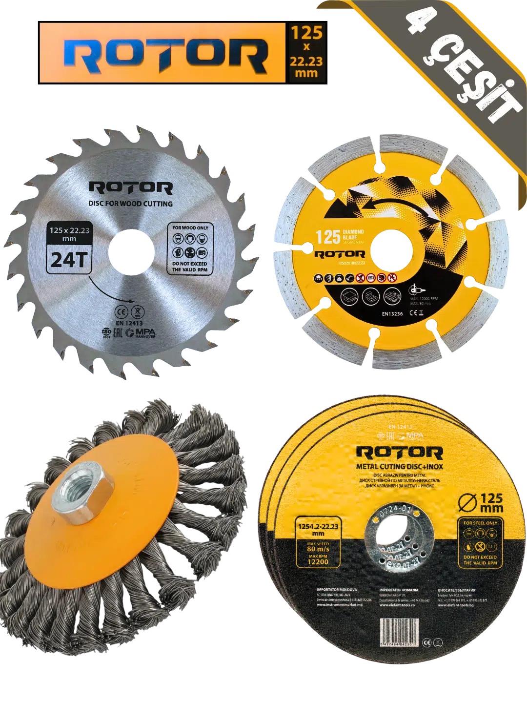 6'lı Disk seti 125x22,23 Metal+Seramik+Ahşap 6 parça