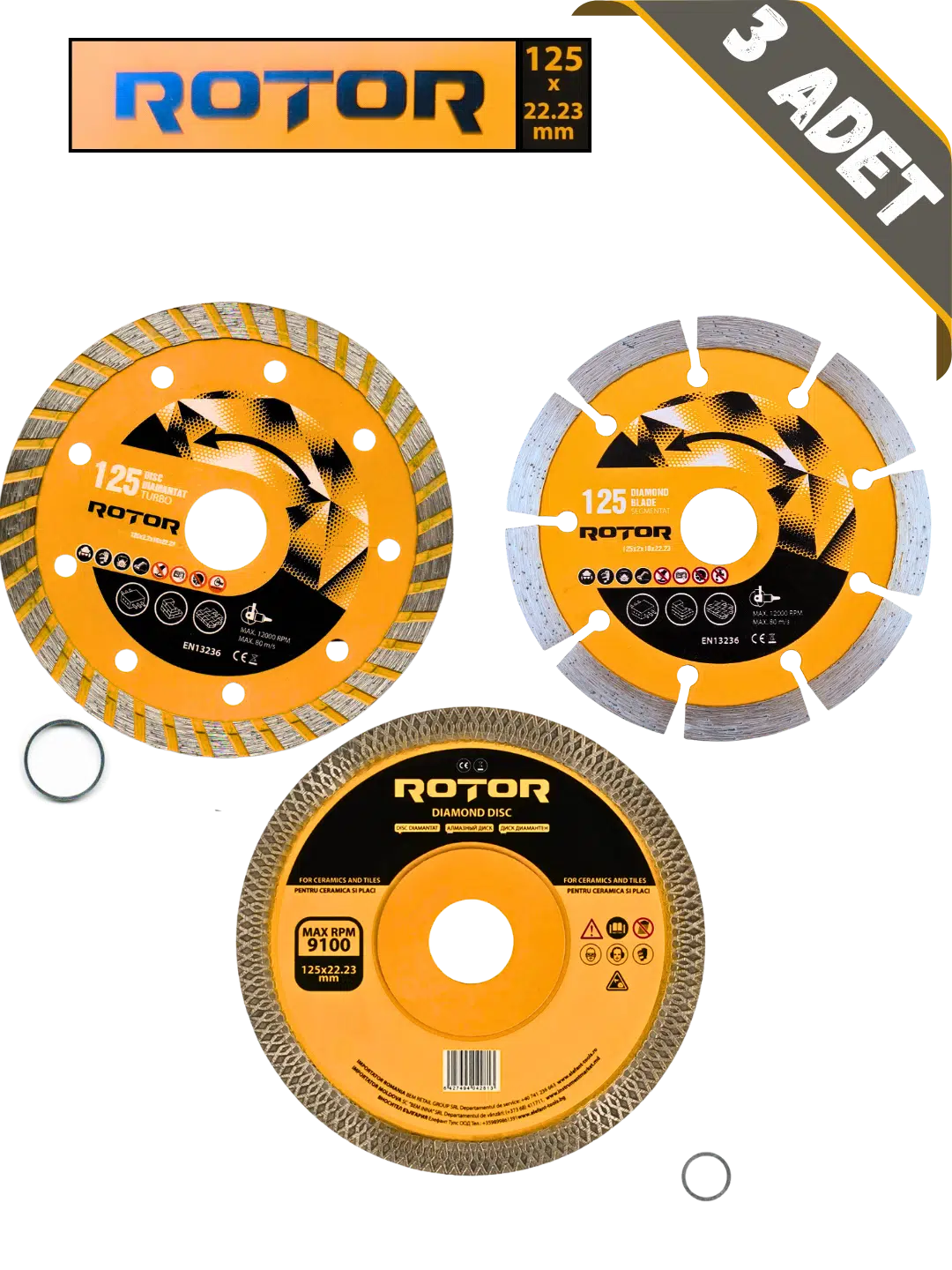 3'lü Disk seti 125x22,23 Seramik Kesme Set 3 parça