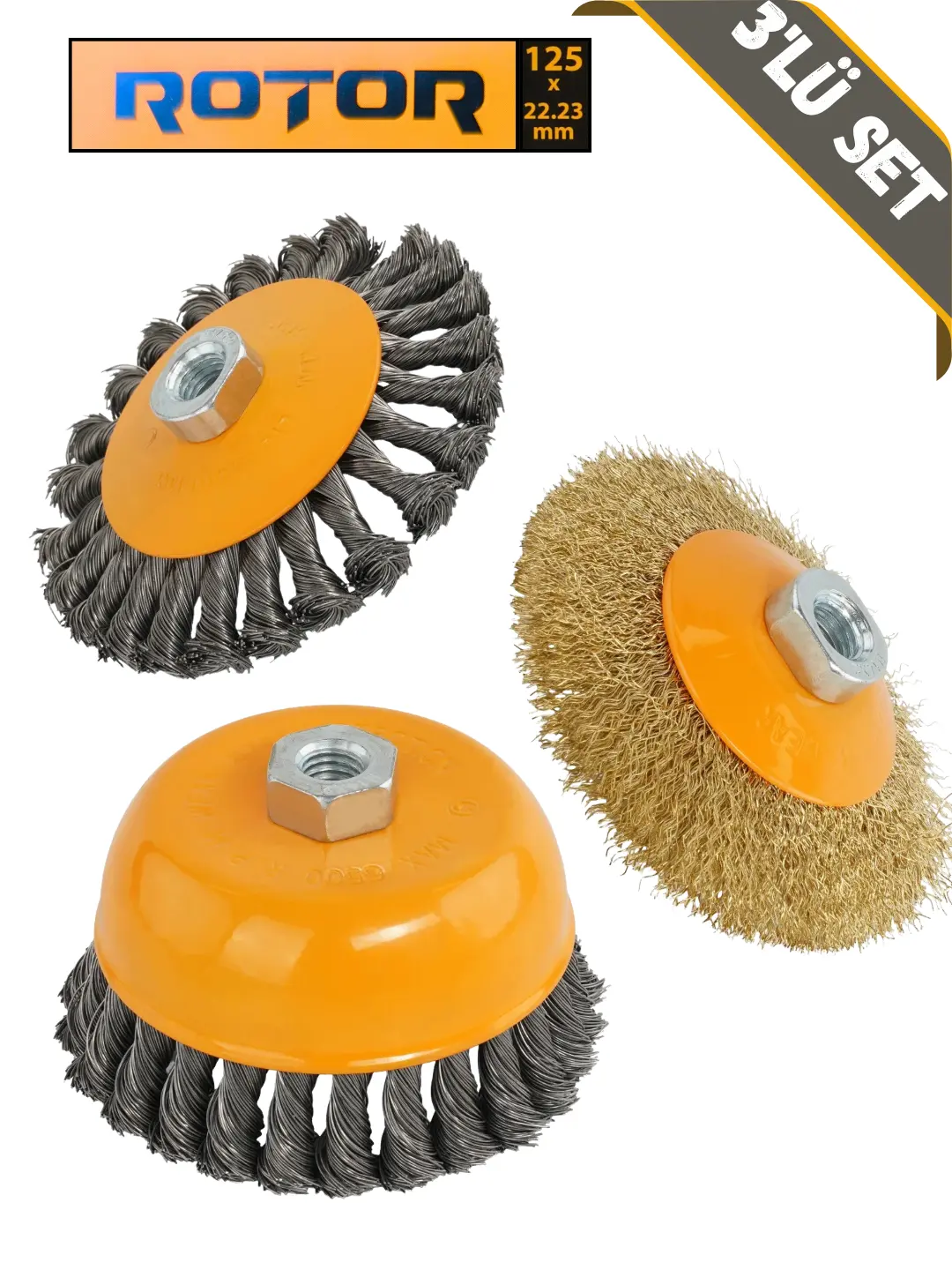 ROTOR 3'lü Tel Fırça Seti 125 mm M14 – Konik, Düğümlü Konik ve Çanak
