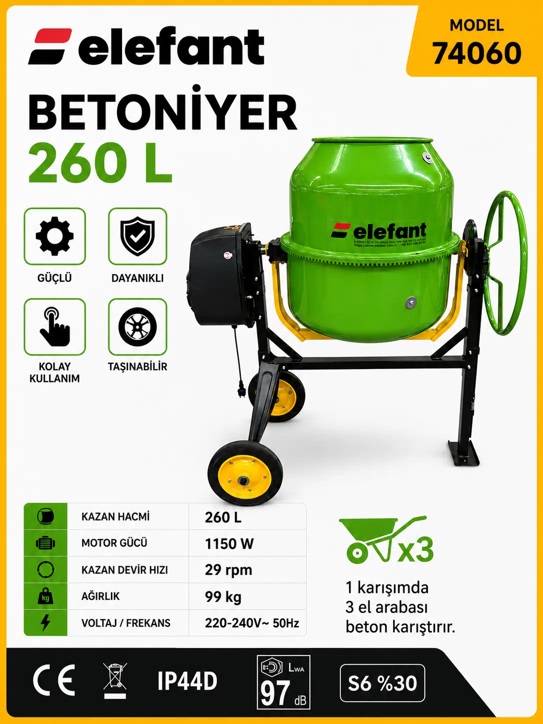 Elefant 260 L Betoniyer Harç Karma Makinası Karıştırıcı