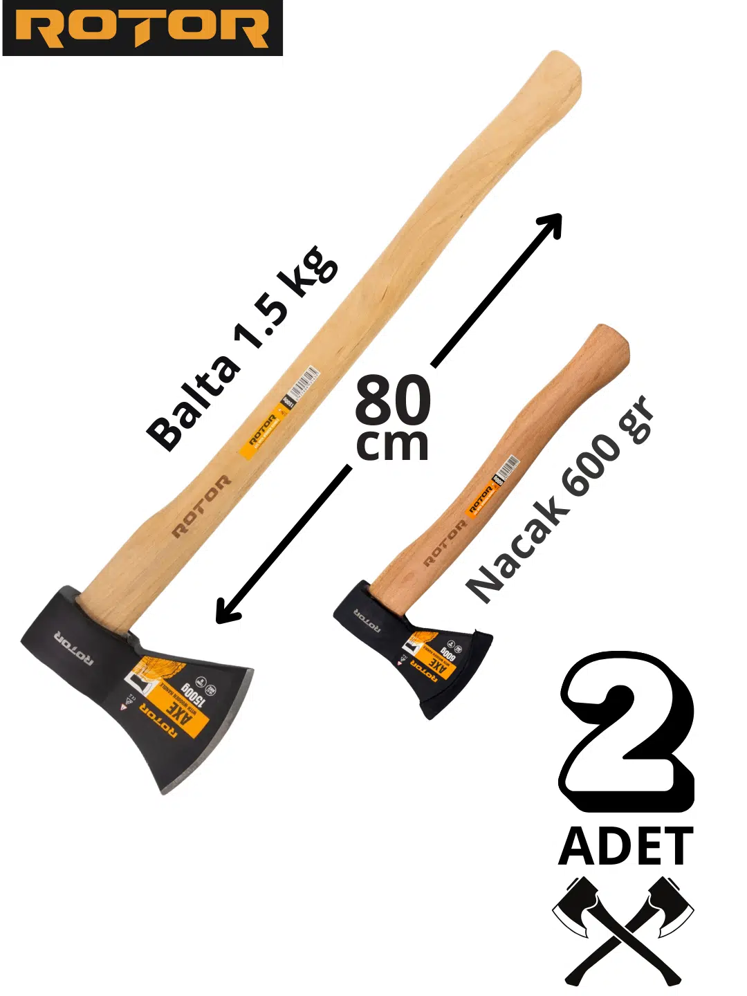 ROTOR Ahşap Saplı 1500gr+600gr 2’li Balta Nacak Seti 