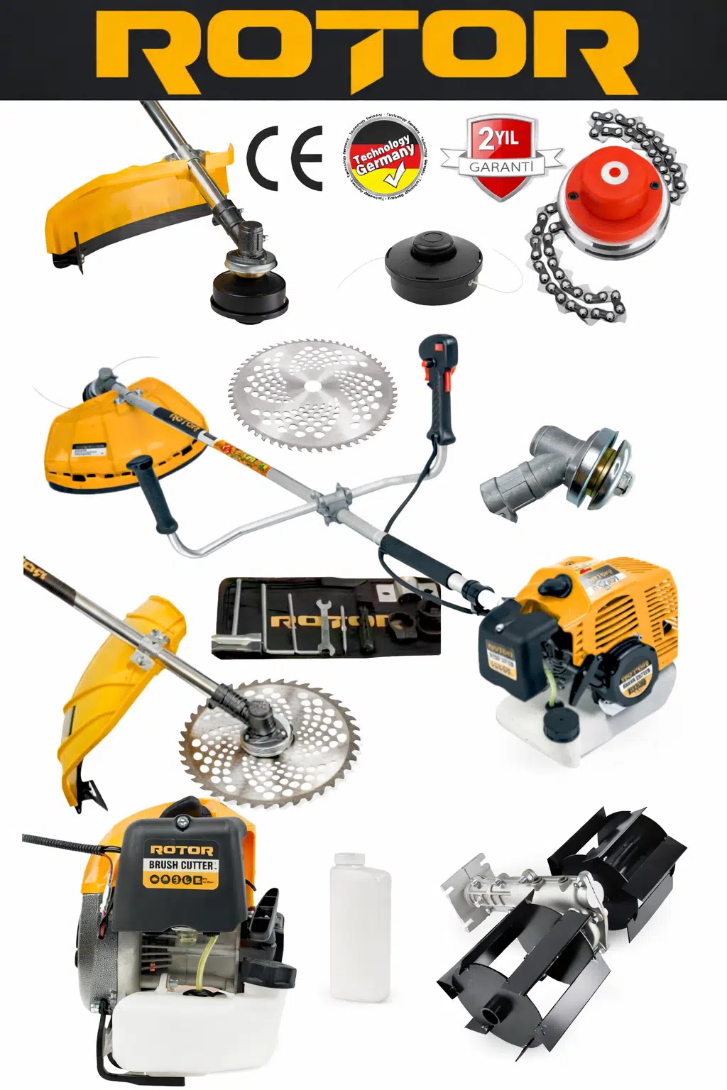 Rotor BC520A 52 cc, Benzinli Yan Tırpan, 400 mm Kesim Çapalama Aparatı Set