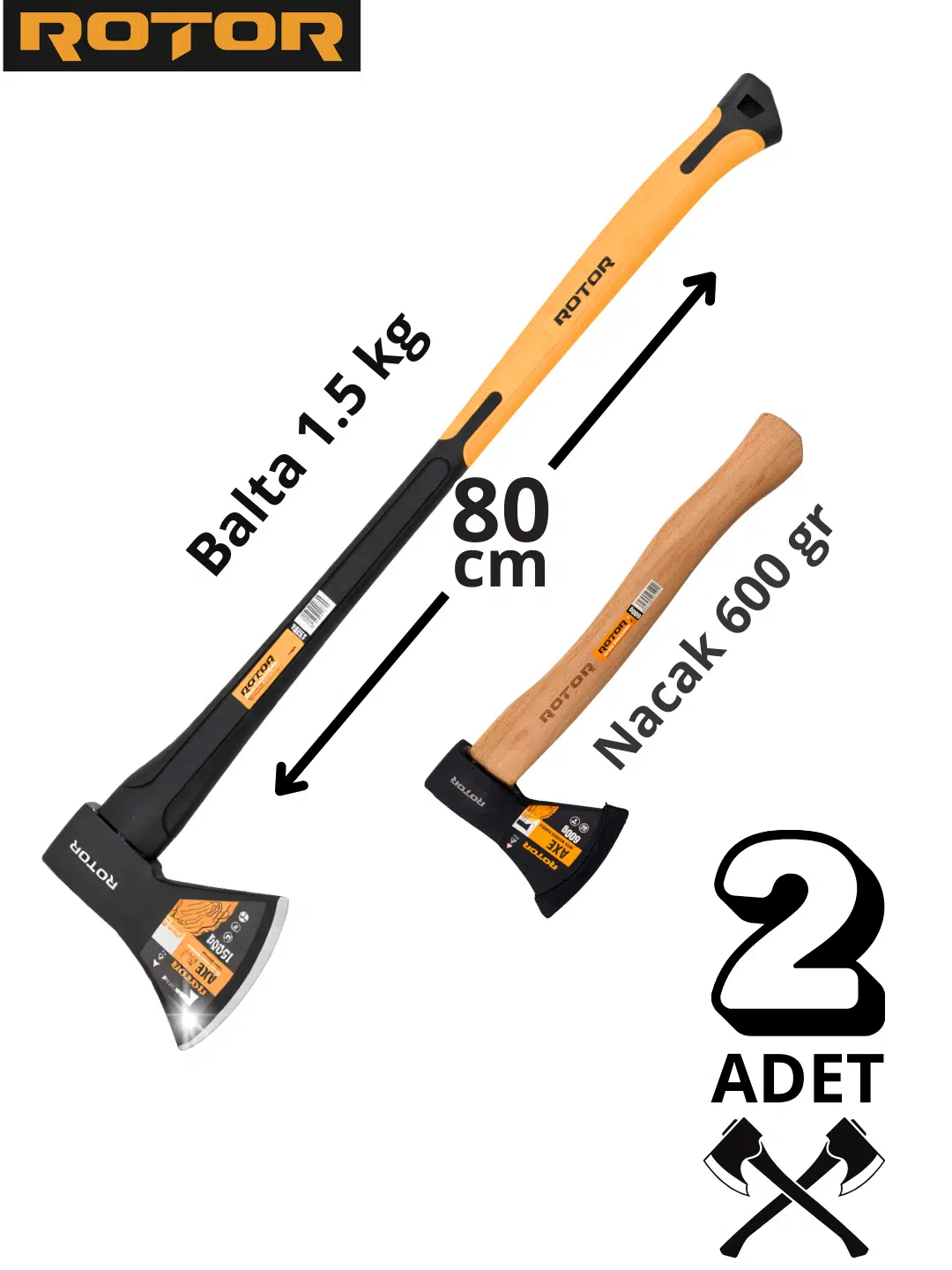 ROTOR Fiber + Ahşap Saplı 2’li Balta Nacak Seti 