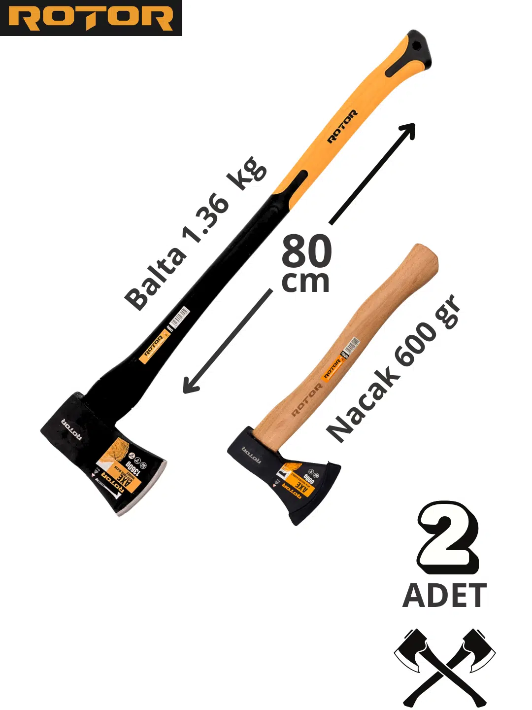 ROTOR Fiber+Ahşap Saplı 1360gr+600gr 2’li Balta Nacak Seti 