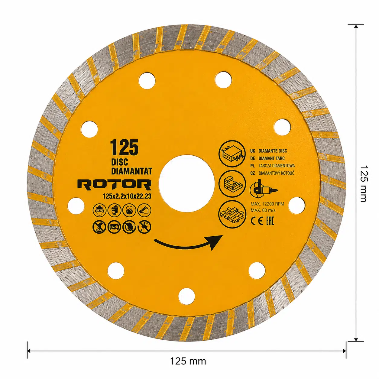 ROTOR Turbo Elmas Kesme Diski 125x2,2x10x22,23 mm – Seramik, Mermer, Granit, Fayans ve Beton Kesim